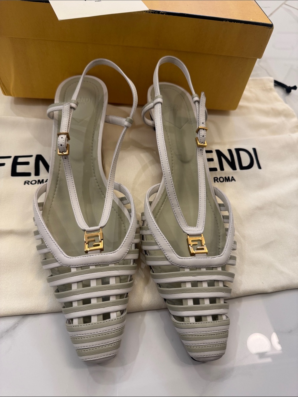 Fendi White & Pistachio Green Strappy Slingback Kitten Heel Sandals